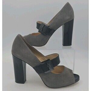 Michael Kors Gray Suede Peep‑Toe Block Buckle Heel Pumps Size 8M Mary Jane EUC